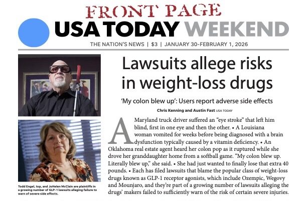USA Today front page story - Lawsuits allege risks in weight-loss drugs, January 30, 2026